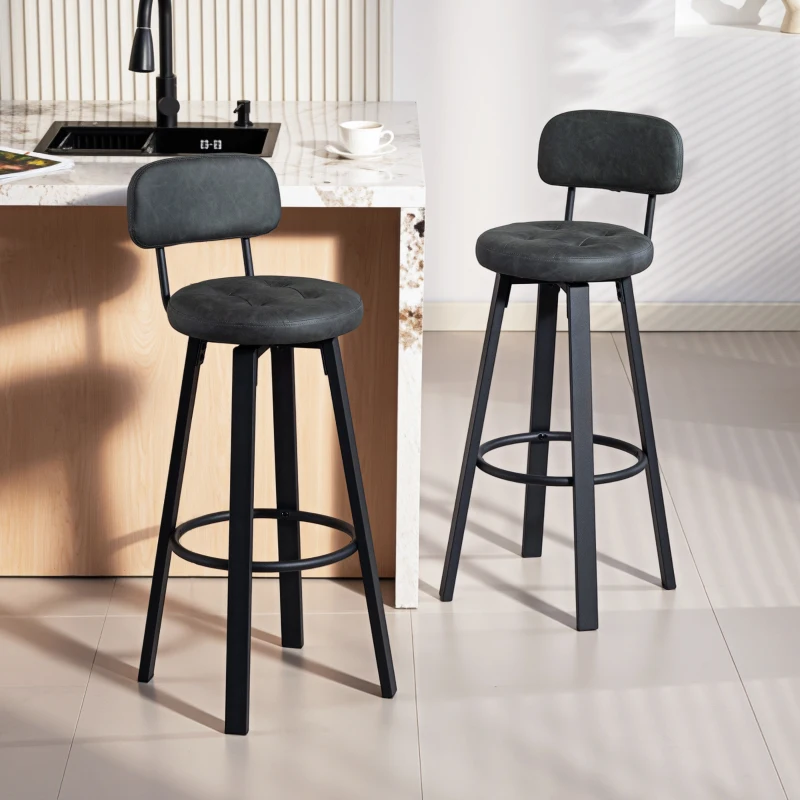 HOMCOM Juego de 2 Taburetes Altos de Cocina Giratorios Tapizados de PU con Respaldo Marco de Metal Reposapiés Gris Oscuro
