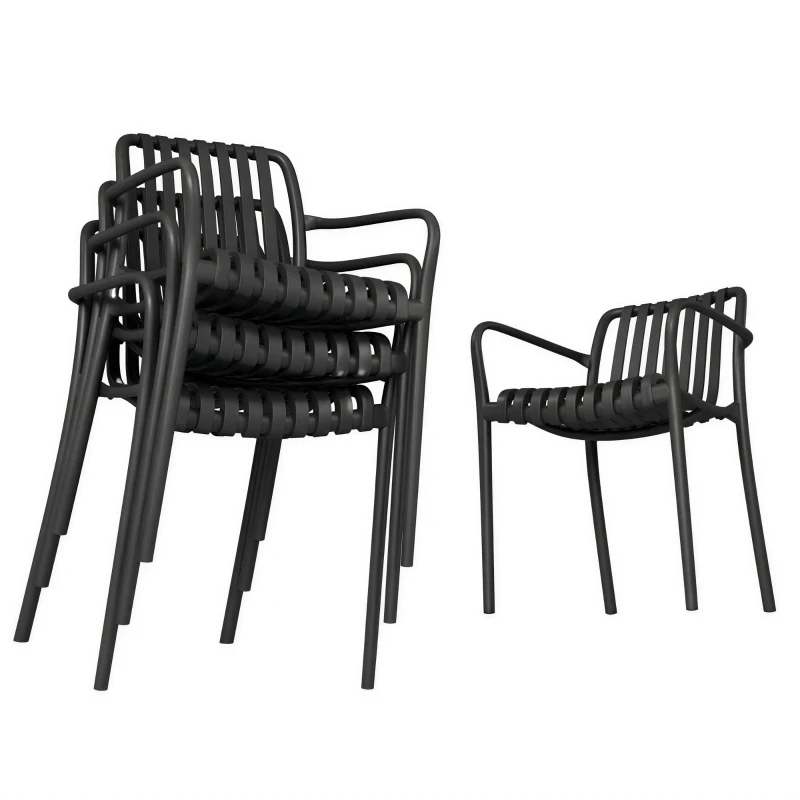 Outsunny Lot de 4 Chaises de Jardin Empilables avec Dossier Incurvé et Accoudoirs, pour Piscine Terrasse, 55x58,5x81,5cm, Noir