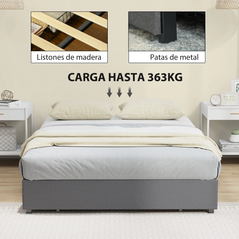HOMCOM Cama Doble 140x190 cm Somier con 3 Cajones y Estructura de Metal Carga 363 kg Gris