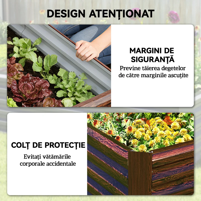 Outsunny Strat de Grădină Înălțat Exterior cu Fund Deschis și Bare de Suport, Ghiveci Metalic din Oțel Zincat pentru Flori și Legume, 180x90x57,5 cm, Maro Închis