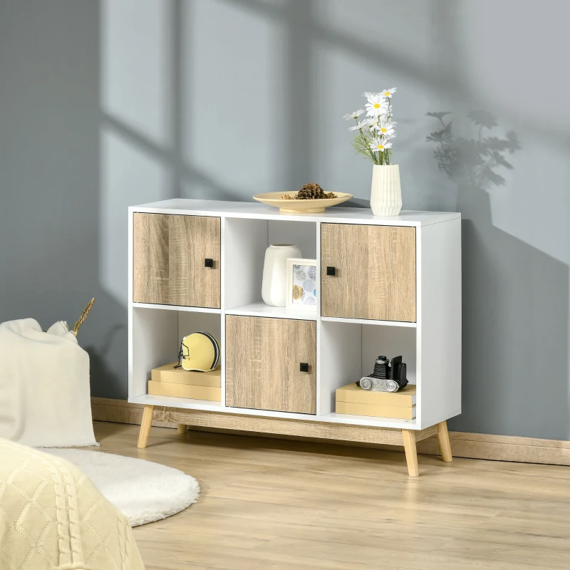 HOMCOM Buffet Salon, Meuble de Rangement 9 Cubes avec 3 Portes et 3 Compartiments Ouverts, Pieds en Bois de Pin, Style Moderne, Buffet Salle à Manger, Cuisine, 96x30x75cm, Blanc et Naturel