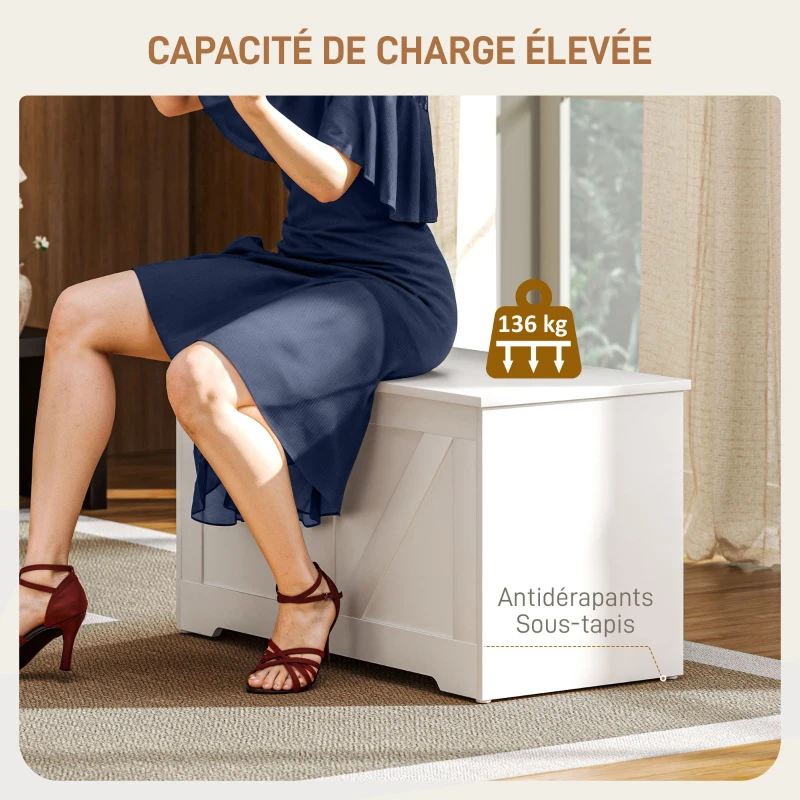 HOMCOM Coffre de rangement, banc de rangement avec couvercle rabattable et charnières de sécurité, 80 x 40 x 45 cm, blanc