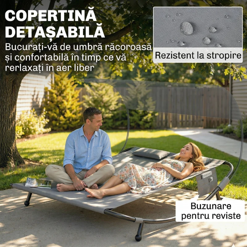Outsunny Șezlong de Grădină cu Roți și Perne, Dublu, Gri