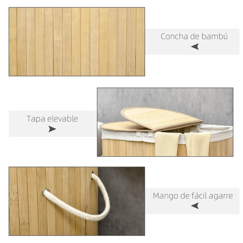 HOMCOM Cesto para Ropa Sucia de Bambú 100L 2 Compartimentos Bolsa Interior Extraíble y Lavable 62,5x37x60,5 cm Natural