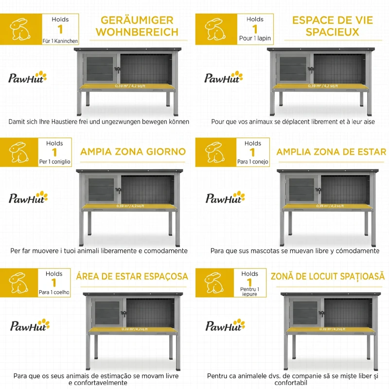 PawHut Cușcă pentru Iepuri Înălțată din Lemn pentru Exterior cu Acoperiș Rabatabil și Tavă Detasabilă, 84x43x70cm, Gri