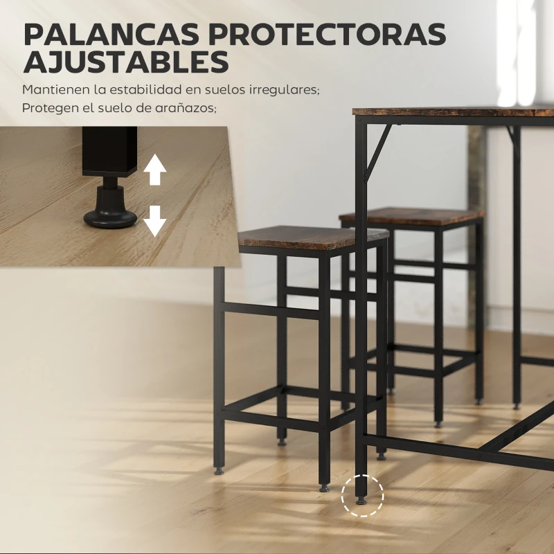 HOMCOM Mesa Alta de Cocina con 4 Taburetes Industrial Reposapiés Ahorro de Espacio para Espacios Reducidos Marrón Rústico