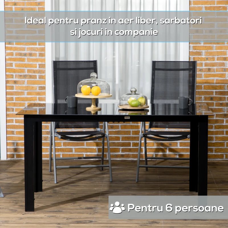 Outsunny Masă de Grădină cu Blat din Sticlă Securizată 150x90 cm pentru 6 Persoane, Masă de Luat Prânzul pentru Exterior, Dreptunghiulară, din Aluminiu, pentru Terasă, Balcon, Neagră
