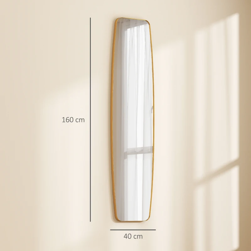 HOMCOM Grand miroir mural ovale 160 x 40 cm, miroir suspendu moderne, cadre en métal et bois, prêt à accrocher, doré