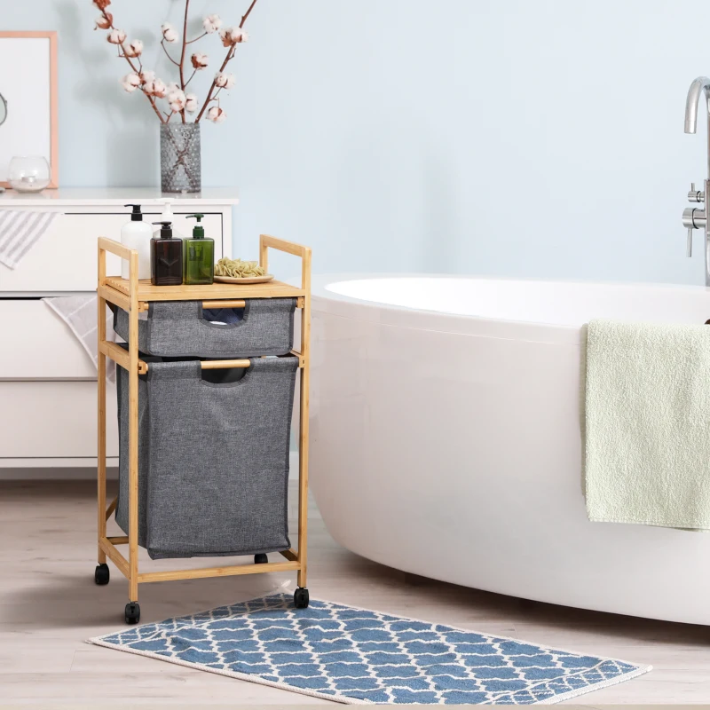 HOMCOM Cesto para Ropa Sucia Cesta para la Colada de Bambú con 2 Bolsas de Tela Extraíbles y Ruedas 42x35x84,5 cm Gris