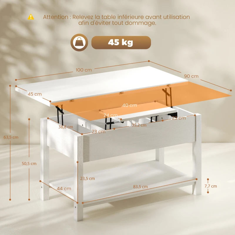 HOMCOM Mesa de Centro Elevatória e Extensível Mesa de Sala com Compartimento Oculto Prateleira Aberta 100x45x50,5 cm Branco