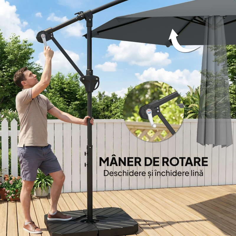 Outsunny Umbrelă Cantilever cu Greutăți și Manivelă 3m Gri Închis