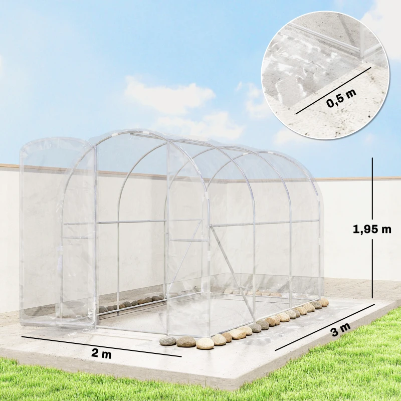 Outsunny Serre de jardin tunnel 3 x 2 x 2 m 6 m² avec porte à charnières bâche en PE 150 g/m² pour Légumes Plantes Fleurs