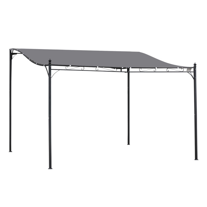 Outsunny  Cenador de Jardín 4x3 m Pérgola Montado en Pared con Toldo y 16 Orificios de Drenaje Marco de Metal y Poliéster 180 g/m² para Patio Terraza Gris