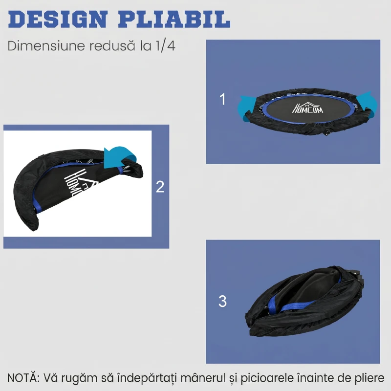 HOMCOM Mini Trambulină Fitness Ø102 cm Pliabilă cu Mâner Reglabil pe Înălțime, Albastră