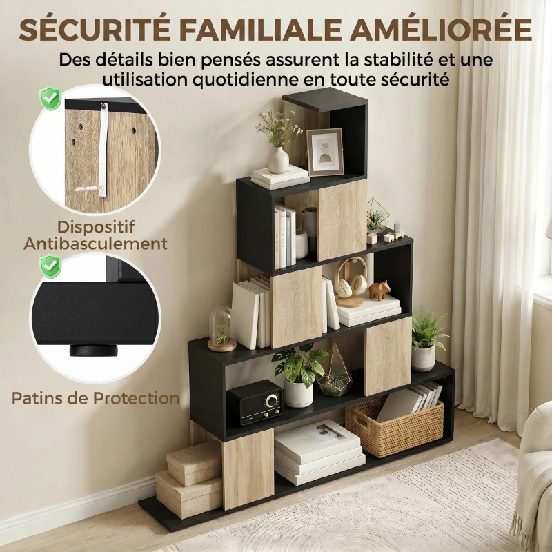 HOMCOM Étagère de rangement, bibliothèque géométrique à 5 niveaux, pour bureau, salon, chambre, noir et bois naturel