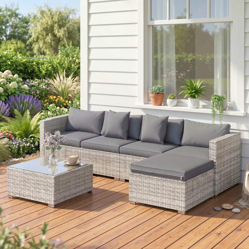 Outsunny 6 Pieces Rattan Corner Sofa Set - Mixed Grey