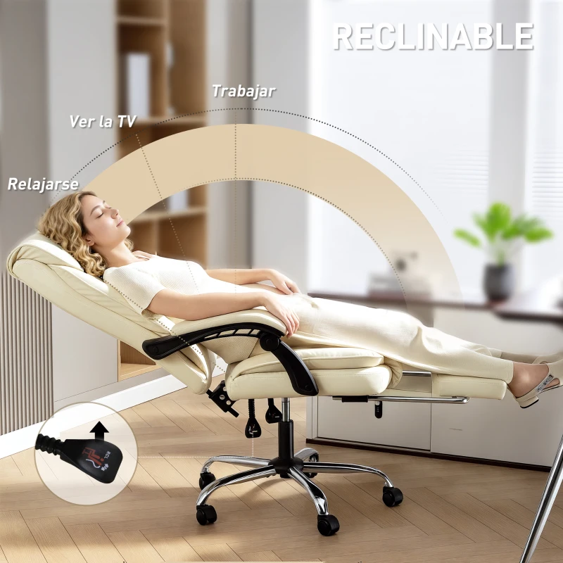 HOMCOM Silla de Escritorio con Reposapiés Respaldo Reclinable Acolchado Grueso Tapizada en Cuero Sintético Beige