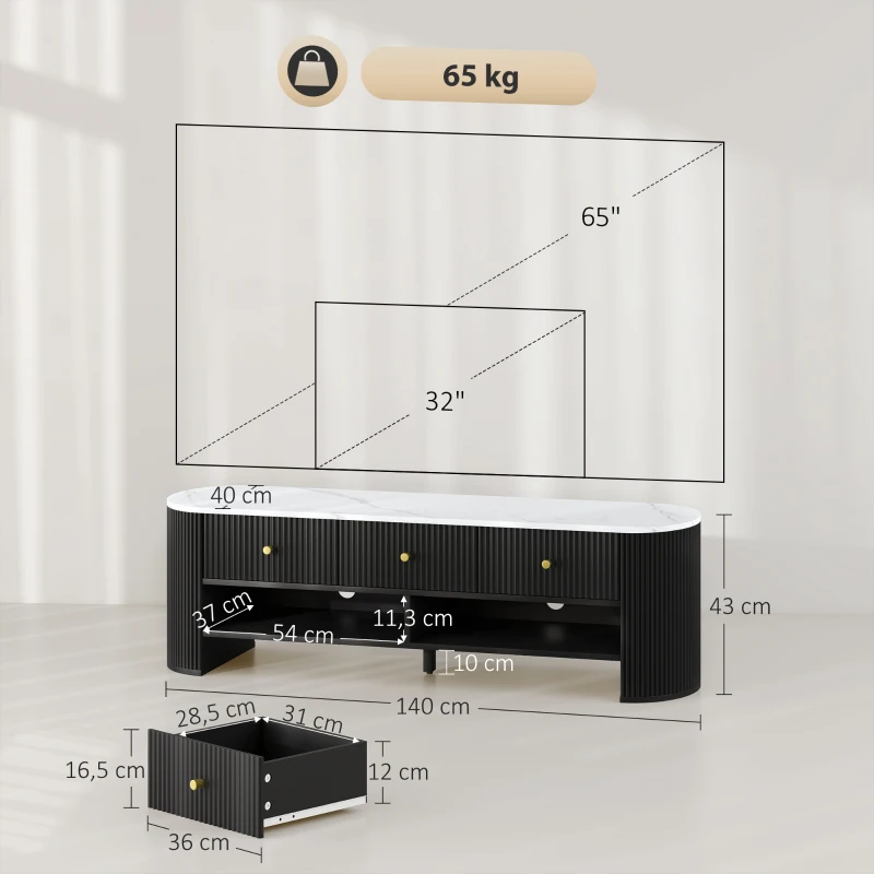 HOMCOM Móvel TV 140 cm Móvel para TV 165 cm Efeito Mármore com 3 Gavetas Frentes Caneladas 2 Prateleiras Preto