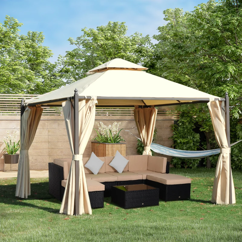Outsunny Gazebo de Grădină 3x3m cu 4 Perdele Laterale și Acoperiș Dublu Bej
