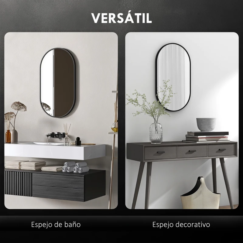 HOMCOM Espejo de Baño Ovalado 60x90 cm Espejo Decorativo de Pared con Marco de Aluminio para Salón Horizontal o Vertical Negro