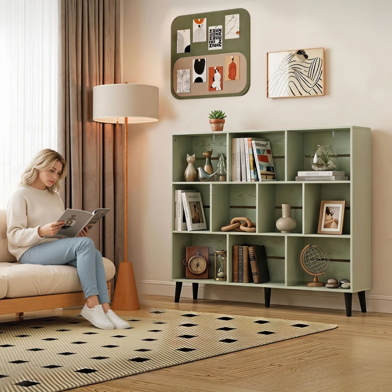 HOMCOM 10-Cube Bookcase, 3-Tier Book Shelf with Solid Wood Legs, 140 cm Modern Bookshelf with Anti-Tip Kit, Light Green