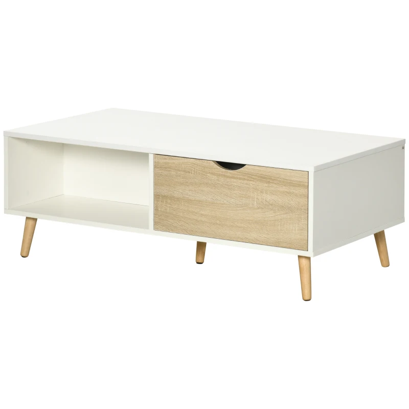 HOMCOM Mesa de Centro Rectangular Mesa con 2 Cajones y Compartimientos Abiertos Estilo Nórdico 106x58x39,5 cm Blanco
