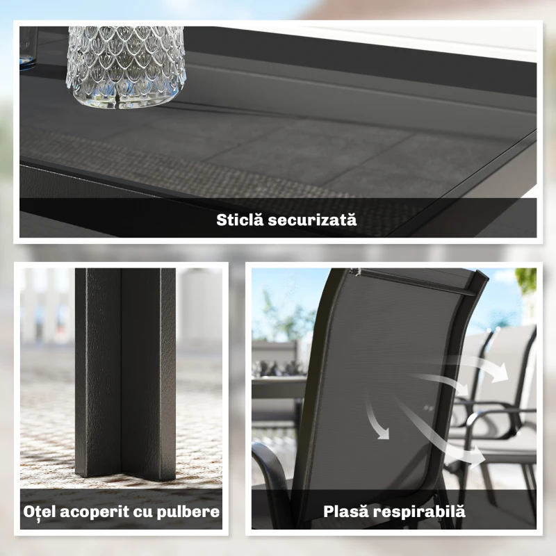 Outsunny Set de Exterior 9 Piese cu 8 Scaune Suprapozabile din Textilene și Măsuță de Cafea cu Blat din Sticlă, Negru