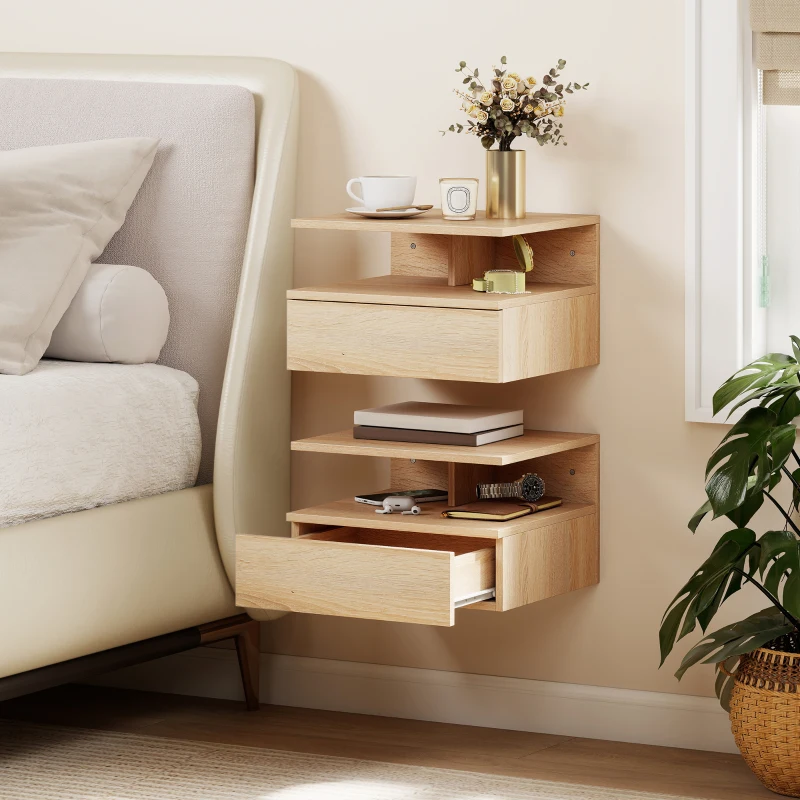 HOMCOM Set di 2 Comodini Sospesi con Cassetto e Mensola Aperta, 35x32x22.5 cm, Rovere