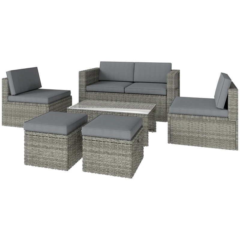 Outsunny Set da Esterno 6pz con Divano, 2 Sedie, Tavolino con Piano in Vetro e 2 Pouf, Grigio Scuro