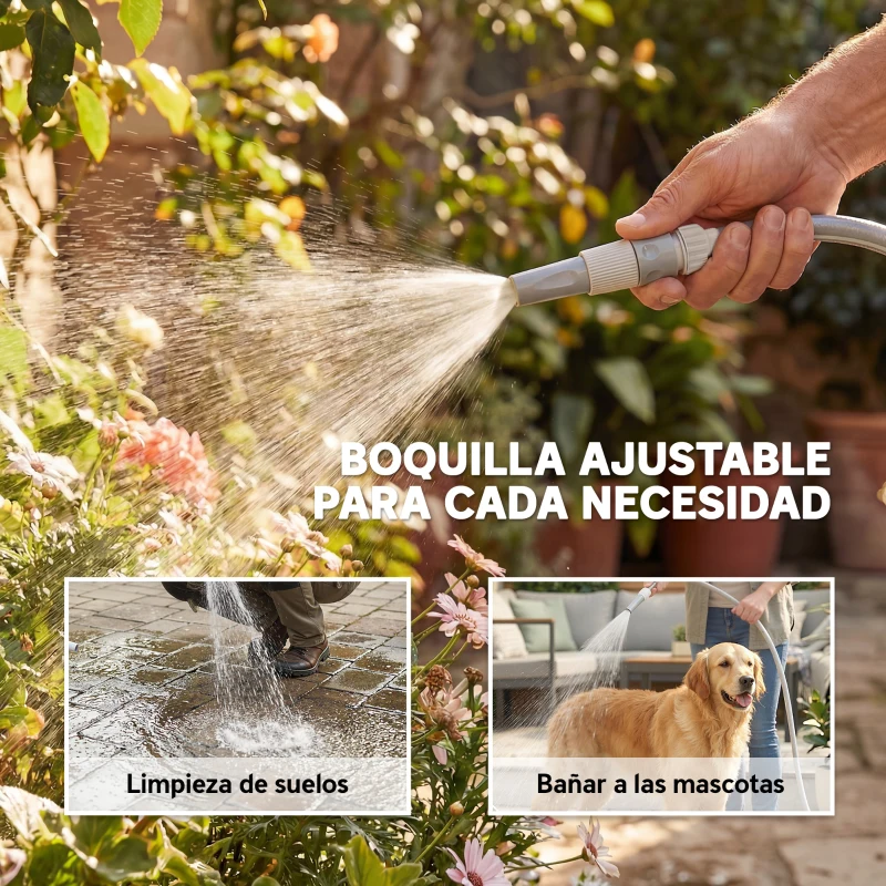 Outsunny Carrete de Manguera Retráctil 10+1 m con Boquilla de 2 Modos Bloqueo Automático y Retracción Controlada Soporte Gris