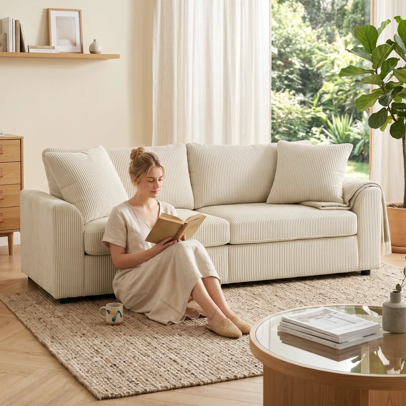 HOMCOM Divano 3 Posti in Velluto a Coste con Molle Insacchettate e 2 Cuscini, 212x80x88 cm, Bianco Crema