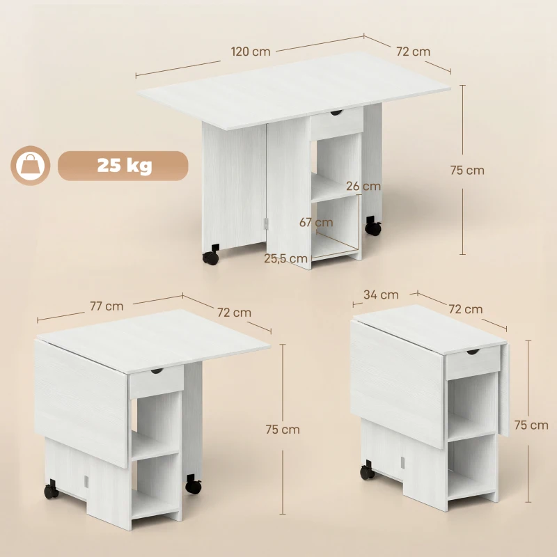 HOMCOM Mesa de Cocina Plegable con Ruedas Alas Abatibles Cajón y Estantes para 2-4 Personas 120x72x75 cm Blanco