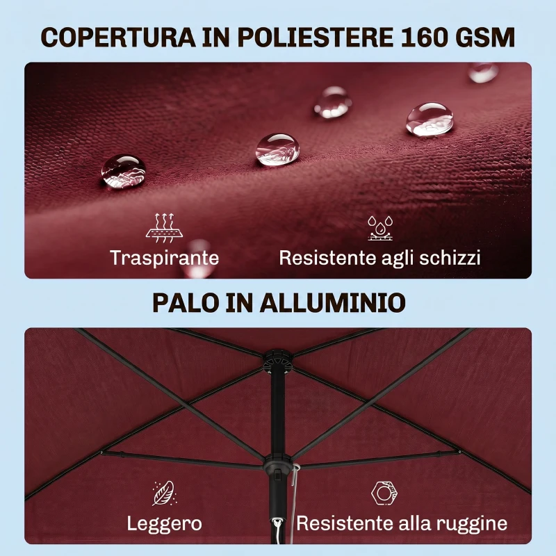 Outsunny Ombrellone da Giardino Rettangolare e Regolabile con Palo in Alluminio, 2x1.3x2.5 m, Rosso Vino