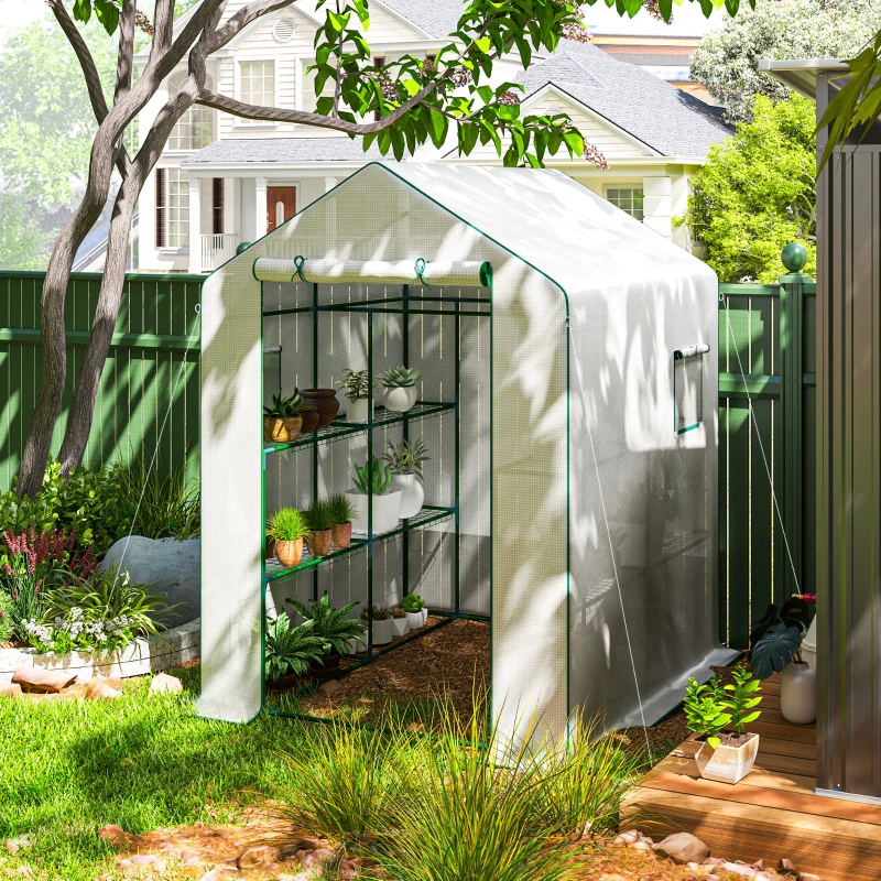 Outsunny Serre de jardin avec 1 porte 2 fenêtres étagères 3 niveaux pour Légumes Plantes Fleurs Bâche PE 140 x 143 x 190 cm blanc