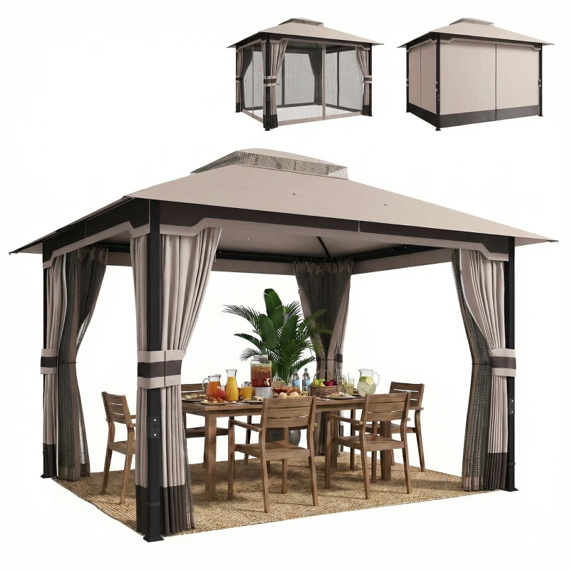 Outsunny Pavillon 3,6x3 m Wasserabweisend Stabil Winterfest Gartenpavillon mit Doppeldach Moskitonetz Seitenteile Abflusslöcher