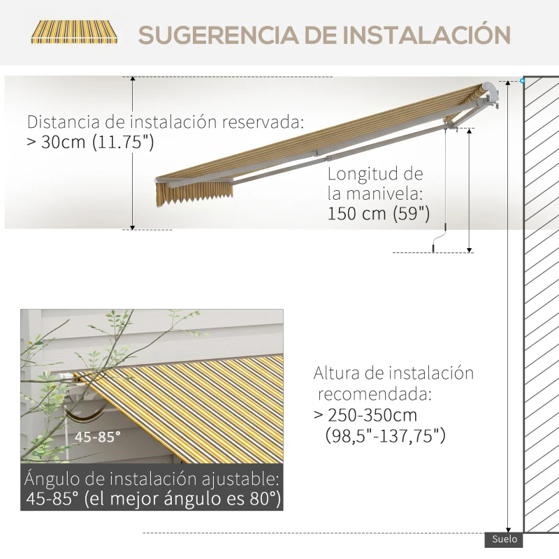 Outsunny Toldo para Balcón 350x250 cm con Manivela de Metal Impermeable y Anti-UV para Jardín Terraza Ventanas Gris y Amarillo