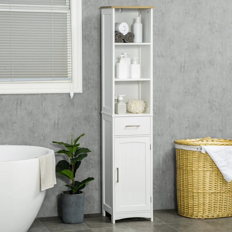 kleankin Armario de Baño con 1 Cajón 1 Puerta 3 Estantes Columna de Baño Mueble Auxiliar para Aseo 34x30x163 cm Blanco