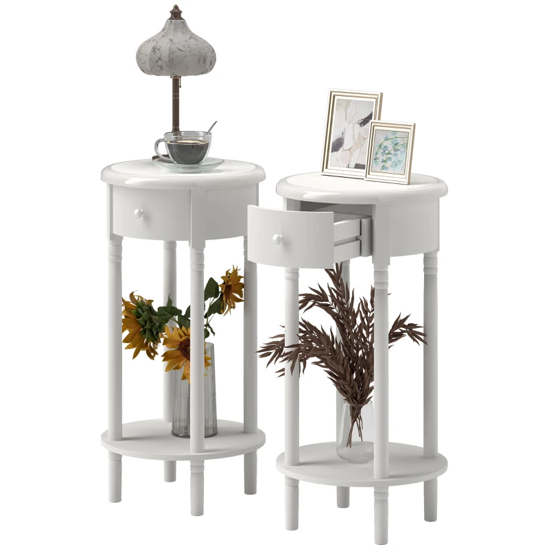 HOMCOM Set 2 Noptiere cu Sertar și Raft din Lemn Stil Contemporan, Ø35.5 x 71 cm, Alb