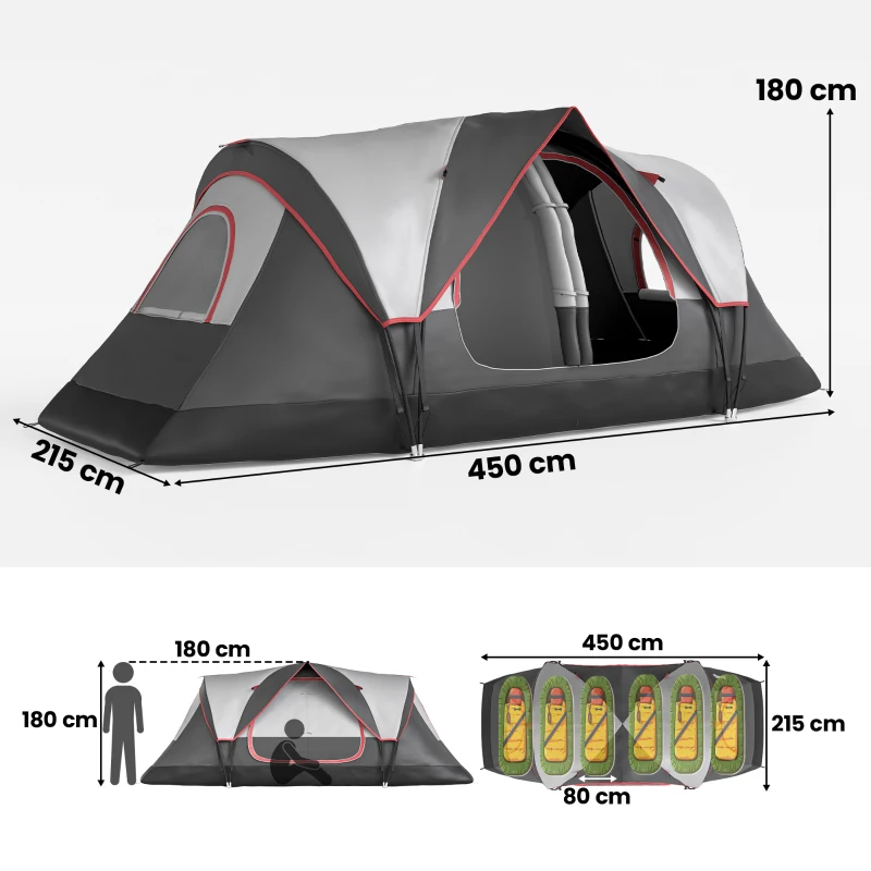 Outsunny Cort de Camping pentru 6 Persoane cu 2 Camere Separate, Poliester și Fibră de Sticlă, 450x215x180 cm, Gri