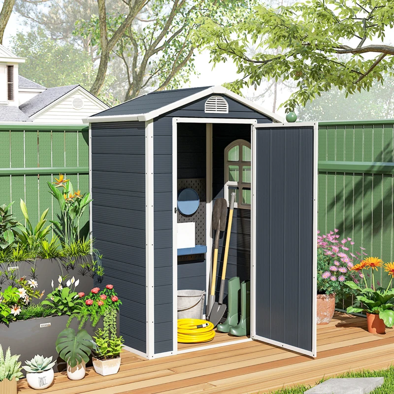 Outsunny Gerätehaus 1,1m², Geräteschuppen mit Satteldach, 134 x 104 x 204 cm, Kunststoff Gartenchuppen mit Abschließbar Tür Belüftungsöffnung Fenster, Gartenhaus für Garten Dunkelgrau