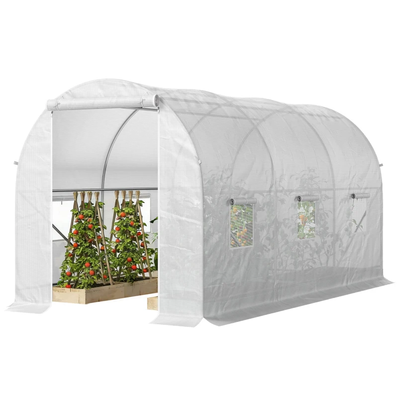 Outsunny Invernadero de Túnel 3,5x2x2 m con 6 Ventanas de Malla y Puerta Enrollable con Cremallera Anti-UV Blanco