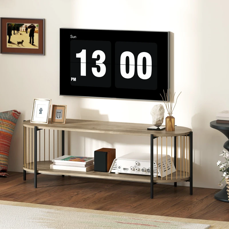 HOMCOM Mueble de TV Estilo Bohemio hasta 55 Pulgadas con Diseño en Cuerda de Papel y 2 Estantes Abiertos 124x43,5x41 cm Natural
