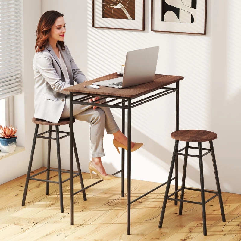 HOMCOM Mesa Alta de Cocina con 2 Taburetes Industrial Estante Abierto Reposapiés Ahorro de Espacio para Espacios Reducidos