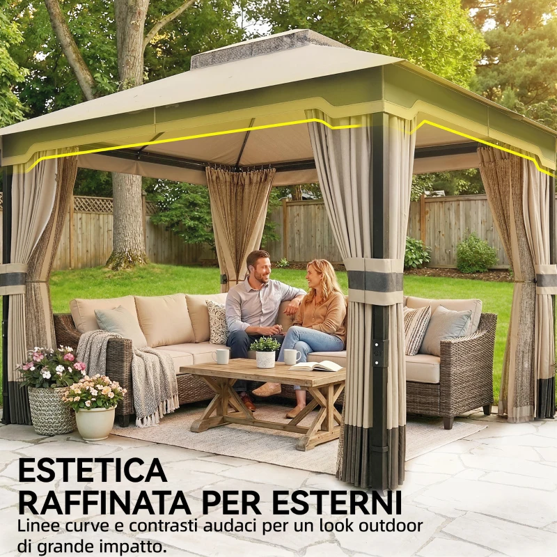 Outsunny Gazebo da Giardino 3x3.6 m con Doppio Tetto, Tende e Zanzariera, in Metallo e Poliestere Cachi
