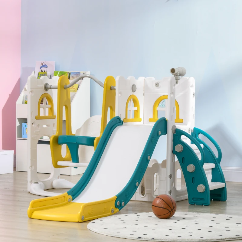 AIYAPLAY 6-in-1 Swing and Slide Set, Kids Playground with Basketball Hoop, Telescope, Storage Space - Yellow