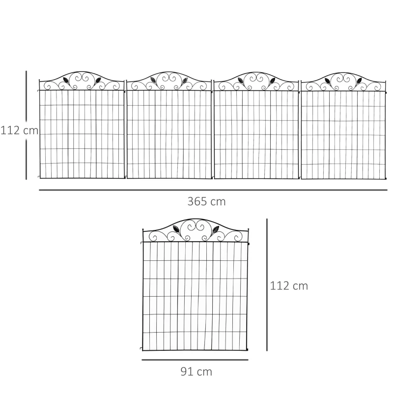 Outsunny Set of 2 Decorative Garden Fence, 8 Panels Metal Picket Fence, Versatile Shapes for Patio Lawn, 365cm x 112cm, Black