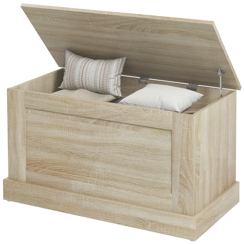 HOMCOM Coffre de rangement, coffre à jouets, avec charnière de sécurité, pour salon, en bois, 80 x 40 x 45 cm, bois naturel