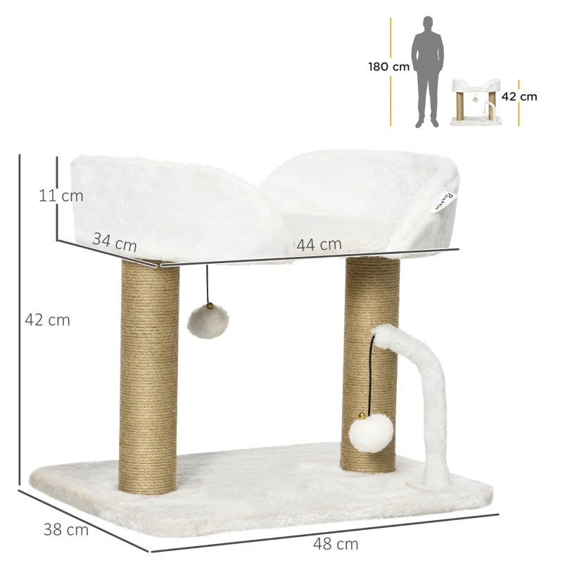 PawHut Torre per Gatti max 5kg in Truciolato con Tiragraffi e Palline Giocattolo, 48x38x42 cm, Giallo e Bianco