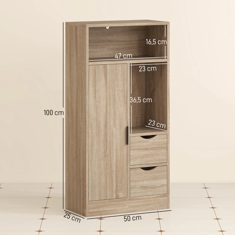 HOMCOM Meuble de salle de bain, meuble de rangement étroit avec 2 tiroirs, compartiments ouverts, 50x25x100cm, bois naturel