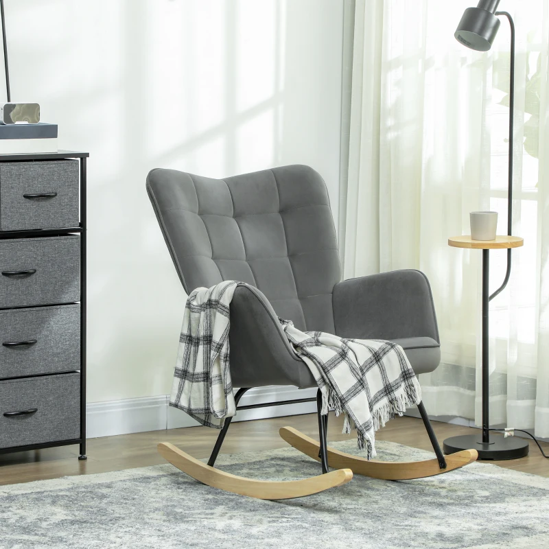 HOMCOM Cadeira de Balanço Vintage Patas Curvadas Estofamento Espesso Faia Aço Cinza Escuro